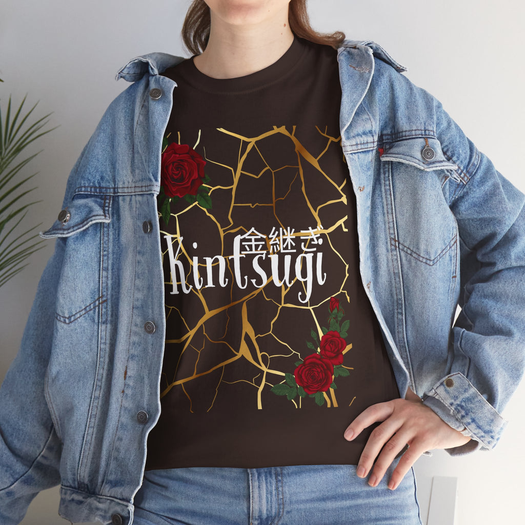 Kintsugi Golden Cracks Rose Graphic Tee - Japanese Aesthetic Empowerment T-Shirt