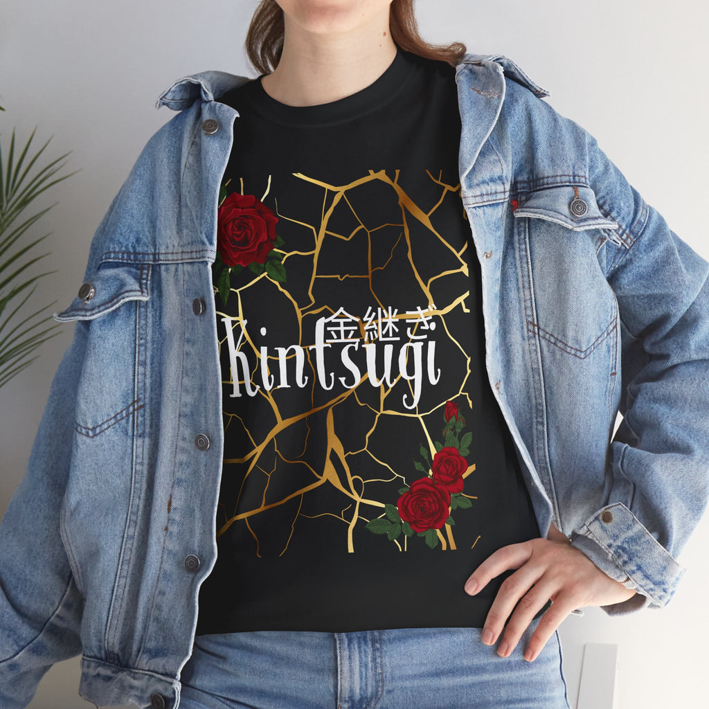 Kintsugi Golden Cracks Rose Graphic Tee - Japanese Aesthetic Empowerment T-Shirt