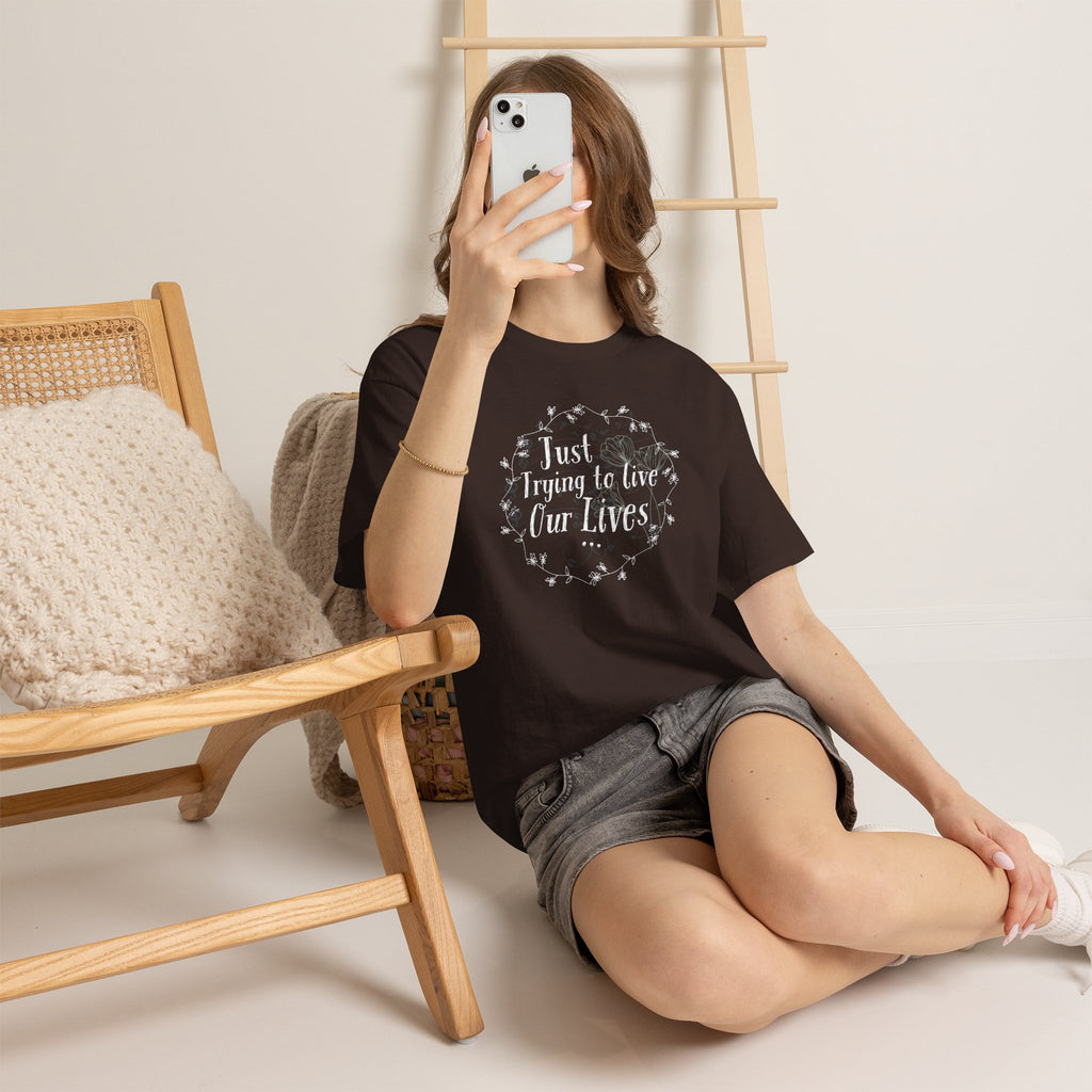 Minimalistic-Looking Floral Unisex Tee - Just Trying To Live Our Lives - Pretty Cute Aesthetic T-shirt