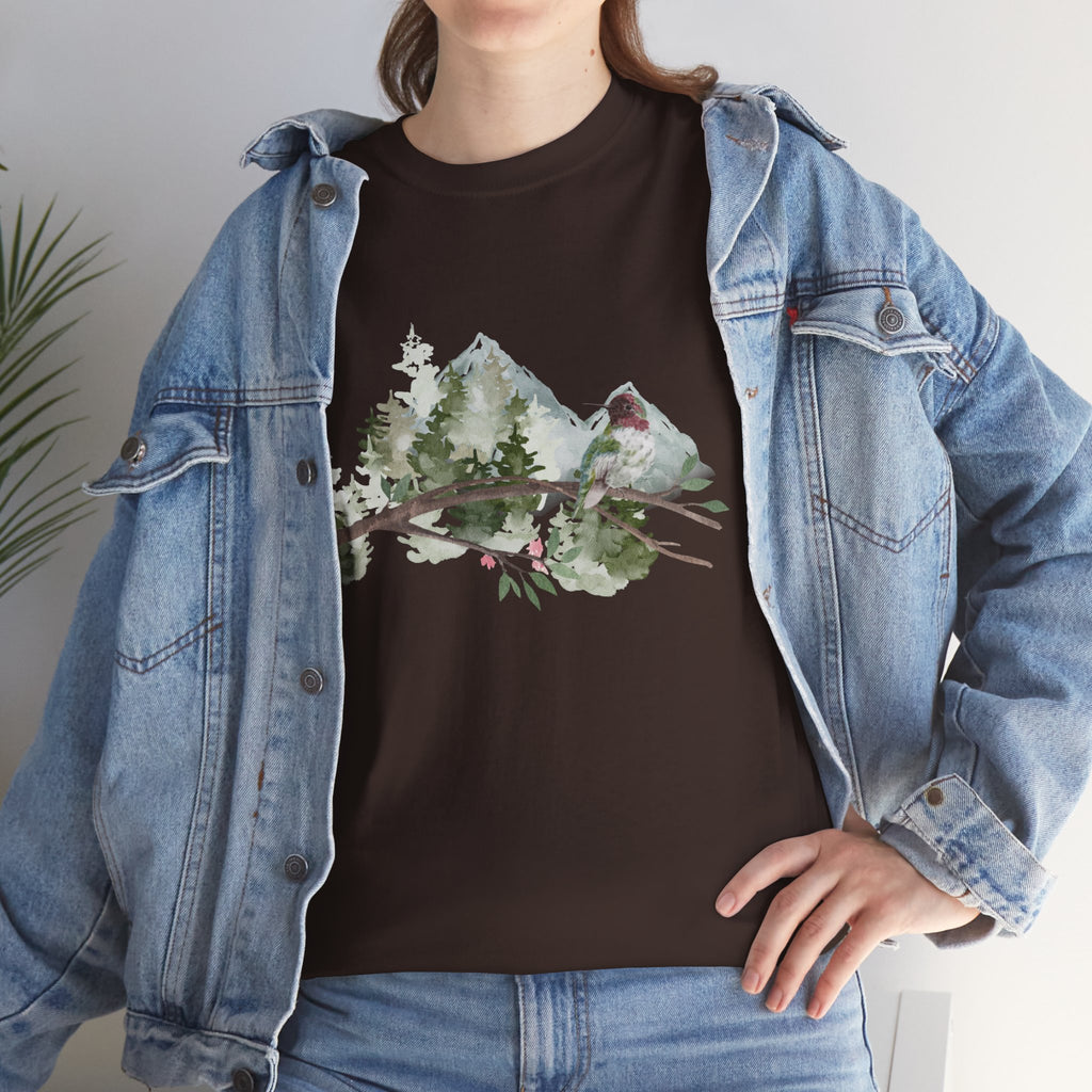 Tranquil-Looking Nature Unisex Tee - Mountains Forest Bird - Fun Aesthetic T-shirt